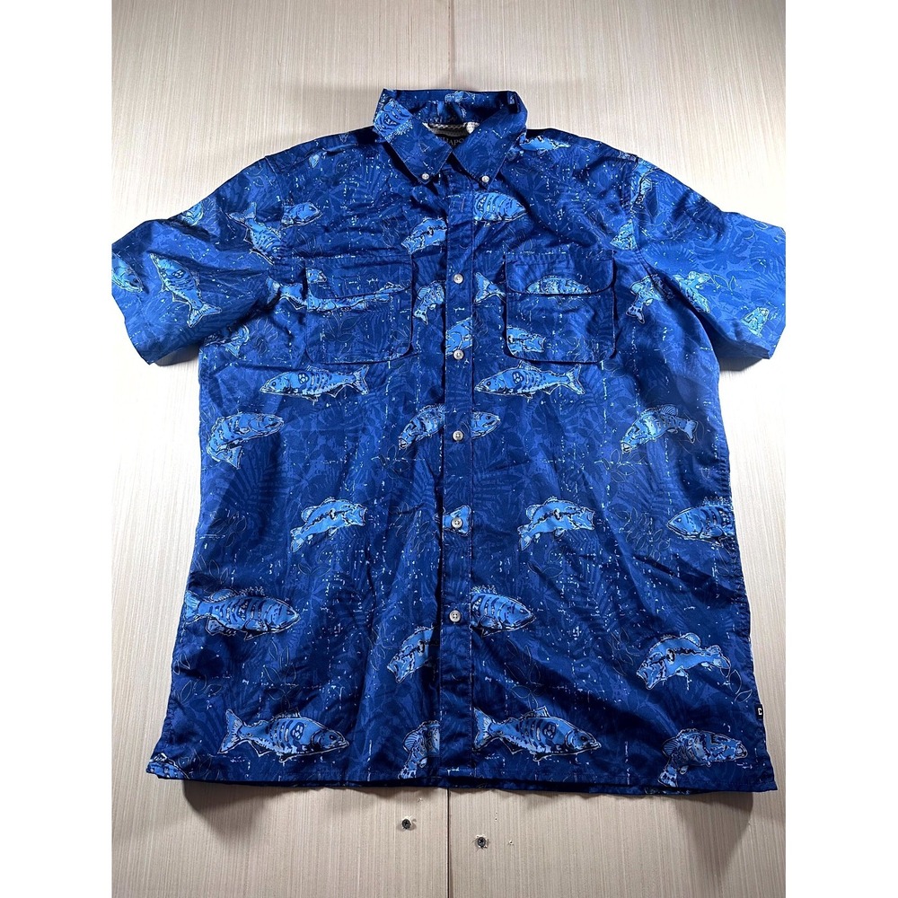 Chaps Fishing Shirt Mens Large Blue Fish Print Pockets Short Sleeve Button Down